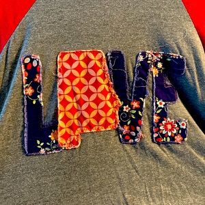Custom LOVE raglan tee.  Love is in the shape of ALABAMA